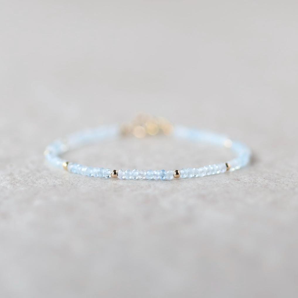 Tiny Aquamarine Bracelet Dainty Gemstone Beaded Bracelet Blue Crystal Minimalist Jewelry March Birthstone Birthday Gift for Daughter Teen