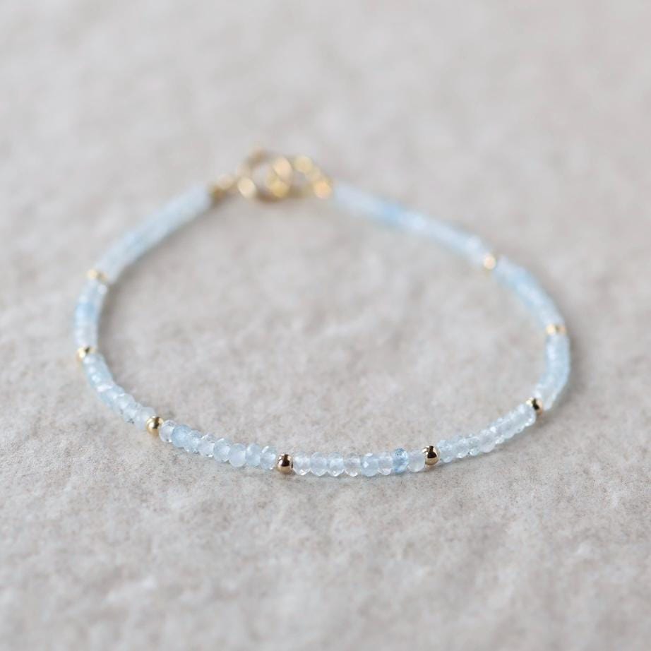 Tiny Aquamarine Bracelet Dainty Gemstone Beaded Bracelet Blue Crystal Minimalist Jewelry March Birthstone Birthday Gift for Daughter Teen