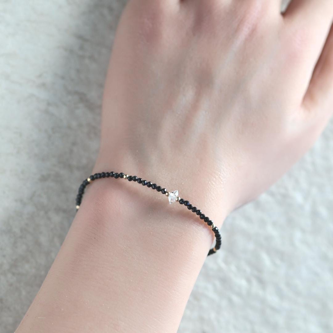 Tiny Black Tourmaline Bracelet Dainty Gemstone Beaded Bracelet Minimalist Black Crystal Jewelry October Birthstone Birthday Gift Mom Wife
