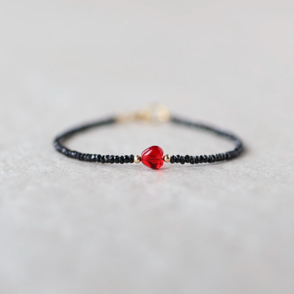 Tiny Black Tourmaline Bracelet Dainty Red Heart Beaded Minimalist Jewelry October Birthstone Valentines Gift Galentines Girlfriend Wife