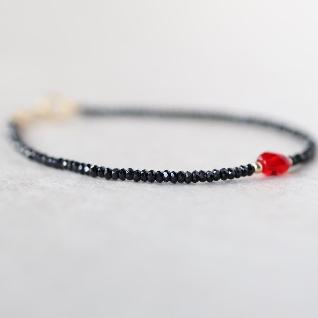 Tiny Black Tourmaline Bracelet Dainty Red Heart Beaded Minimalist Jewelry October Birthstone Valentines Gift Galentines Girlfriend Wife