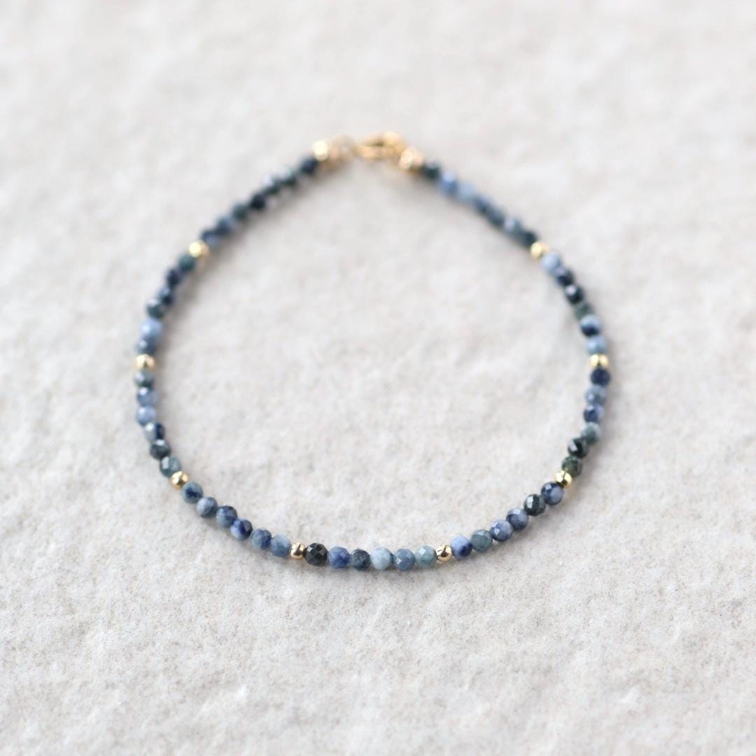Tiny Blue Sapphire Bracelet Dainty Gemstone Beaded Bracelet Crystal Minimalist Jewelry September Birthstone Gift for Women Wife Daughter