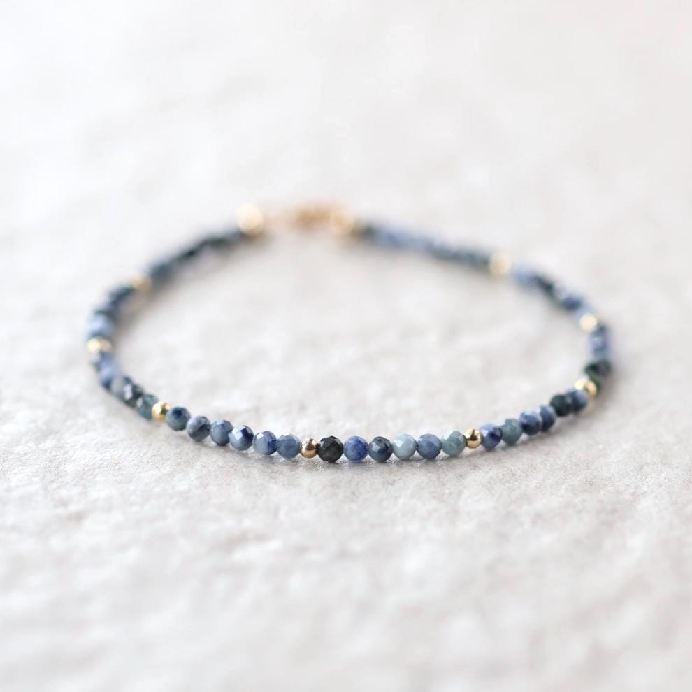 Tiny Blue Sapphire Bracelet Dainty Gemstone Beaded Bracelet Crystal Minimalist Jewelry September Birthstone Gift for Women Wife Daughter