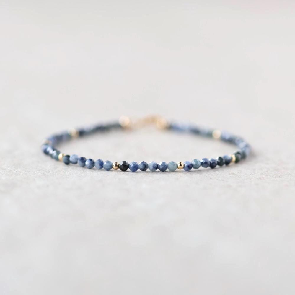 Tiny Blue Sapphire Bracelet Dainty Gemstone Beaded Bracelet Crystal Minimalist Jewelry September Birthstone Gift for Women Wife Daughter