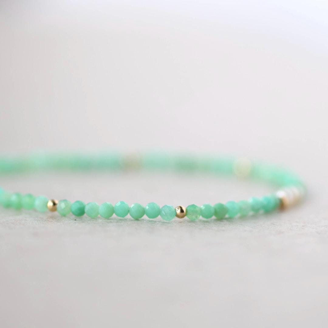 Tiny Chrysoprase Bracelet Dainty Pearl Gemstone Beaded Bracelet Stacking Minimalist Jewelry Crystal Birthday Gift for Women Wife Daughter