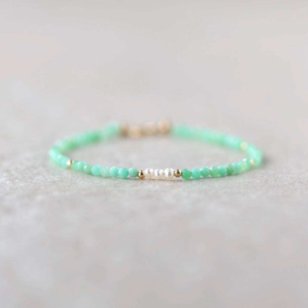 Tiny Chrysoprase Bracelet Dainty Pearl Gemstone Beaded Bracelet Stacking Minimalist Jewelry Crystal Birthday Gift for Women Wife Daughter