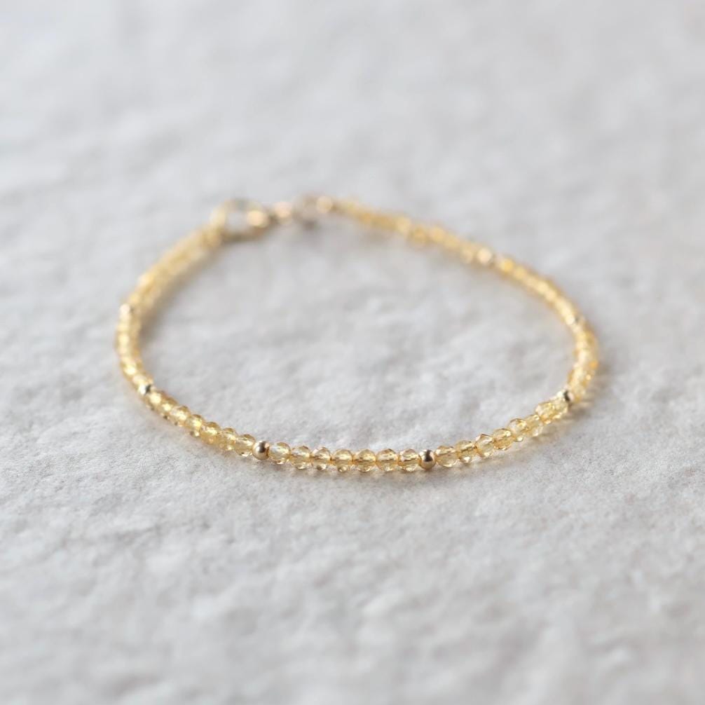 Tiny Citrine Bracelet Dainty Gemstone Beaded Bracelet Yellow Crystal Minimalist Jewelry November Birthstone Gift for Women Mom Wife Daughter