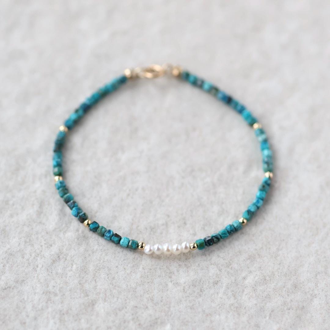 Tiny Chrysocolla Bracelet Pearl Dainty Bracelet Gemstone Beaded Jewelry Minimalist Teal Crystal Bracelet Birthday Gift Mom Wife Gift Sister