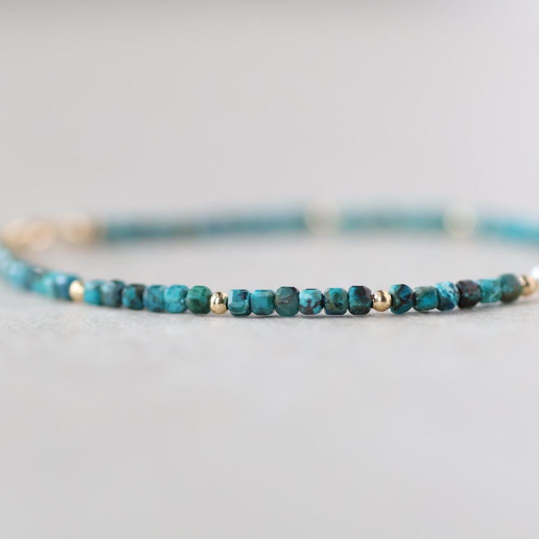 Tiny Chrysocolla Bracelet Pearl Dainty Bracelet Gemstone Beaded Jewelry Minimalist Teal Crystal Bracelet Birthday Gift Mom Wife Gift Sister