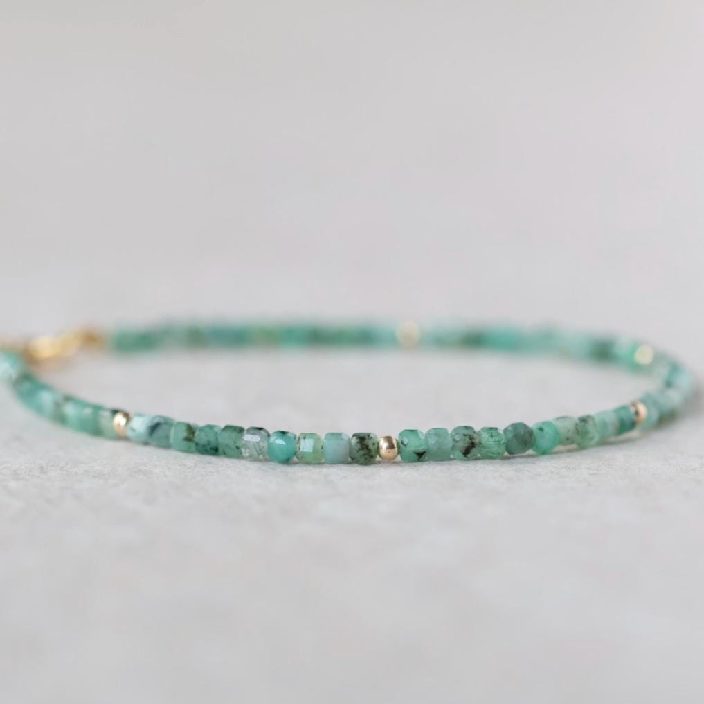 Tiny Emerald Bracelet Dainty Gemstone Cube Beaded Jewelry Green Crystal Bracelet Minimalist May Birthstone Birthday Gift 20th Anniversary