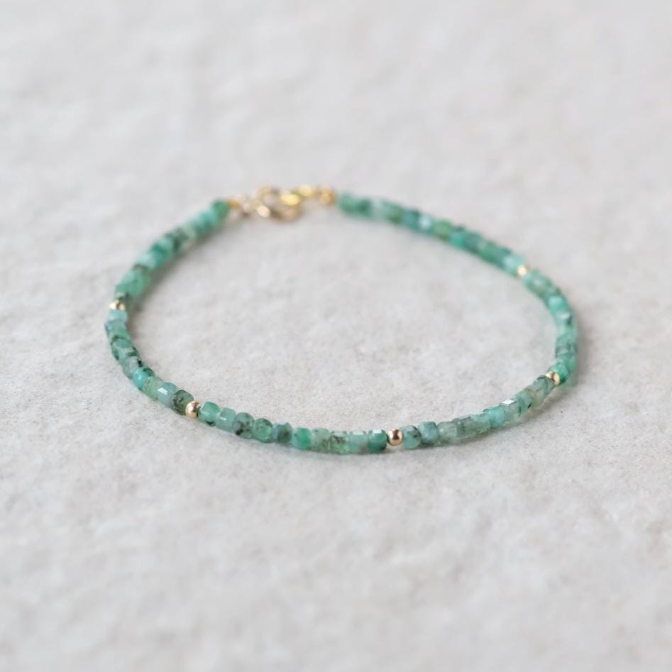 Tiny Emerald Bracelet Dainty Gemstone Cube Beaded Jewelry Green Crystal Bracelet Minimalist May Birthstone Birthday Gift 20th Anniversary