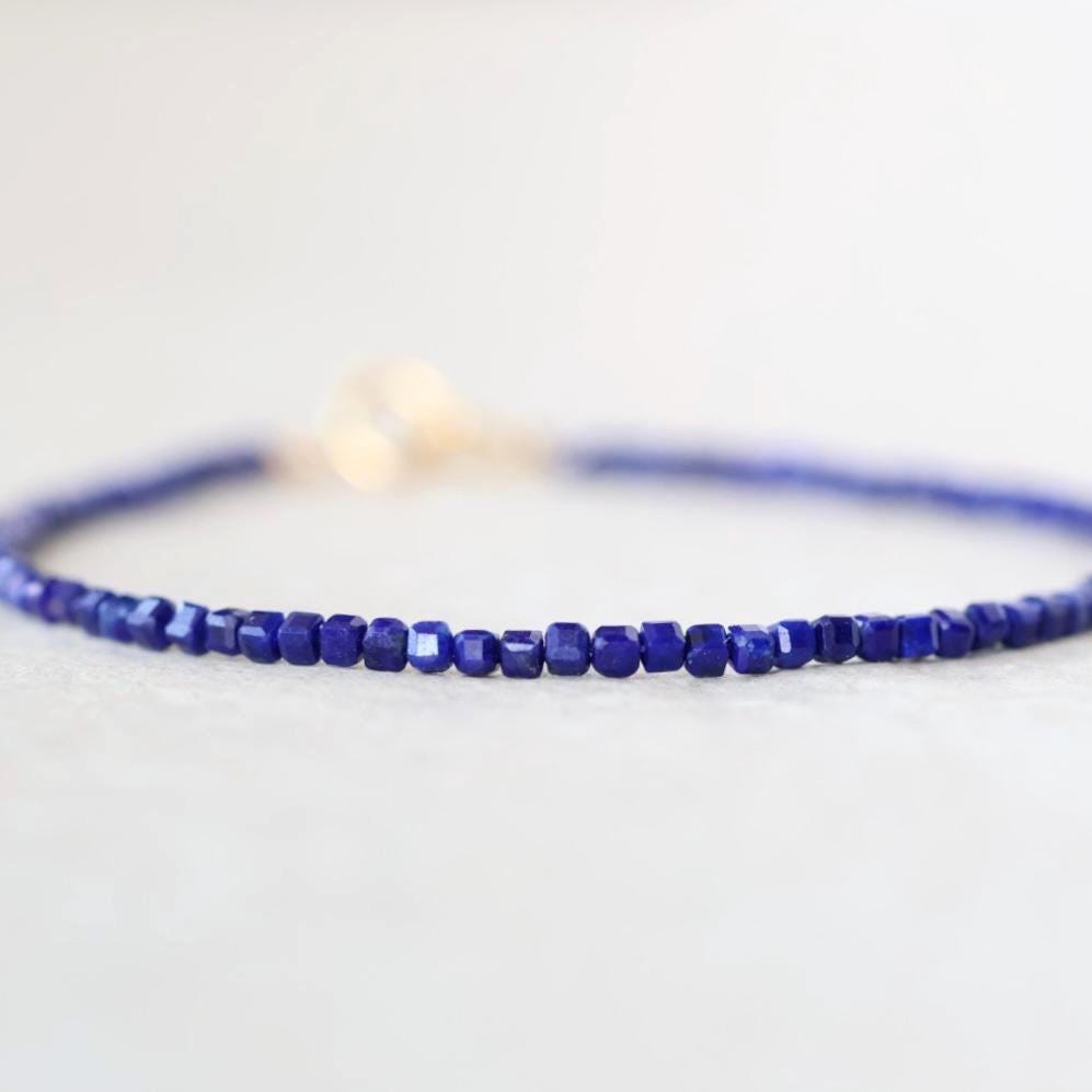 Tiny Lapis Lazuli Bracelet Dainty Gemstone Beaded Bracelet Stacking Minimalist Blue Crystal Bracelet Healing Jewelry Birthday Gift Daughter