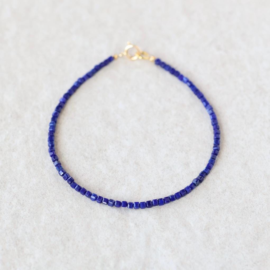 Tiny Lapis Lazuli Bracelet Dainty Gemstone Beaded Bracelet Stacking Minimalist Blue Crystal Bracelet Healing Jewelry Birthday Gift Daughter