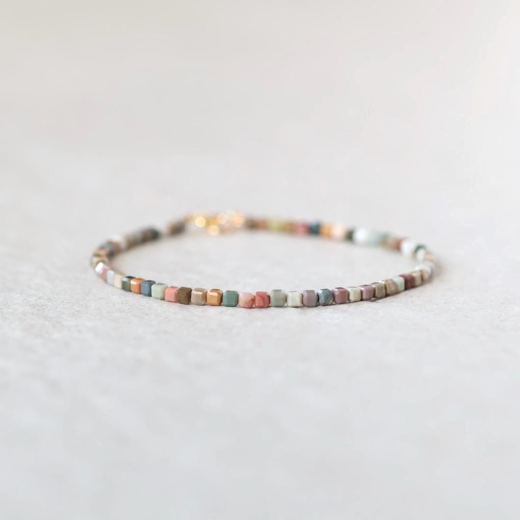 Tiny Fancy Jasper Bracelet Dainty Ocean Jasper Rainbow Crystal Bracelet Gemstone Delicate Minimalist Jewelry Healing Birthday Gift Mom Wife