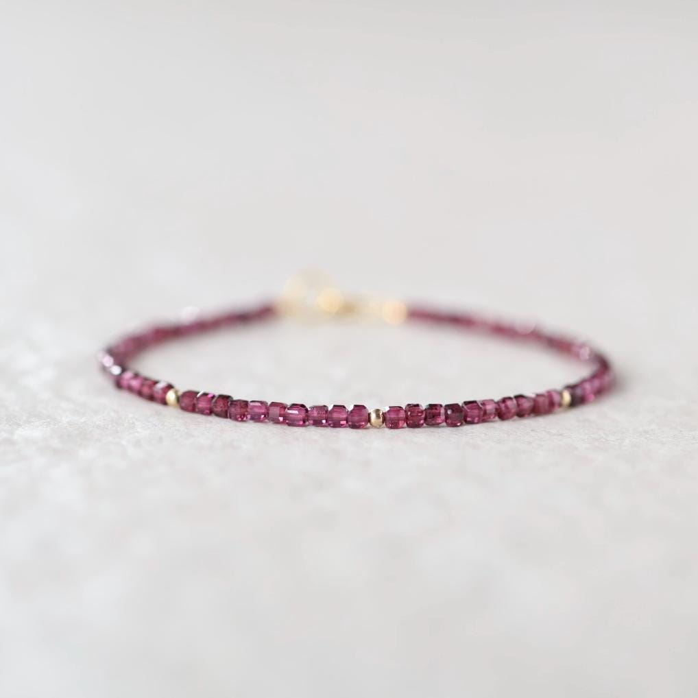 Tiny Rhodolite Bracelet Dainty Purple Garnet Bracelet Stacking Gemstone Beaded Crystal Jewelry Minimalist January Birthstone Gift Birthday