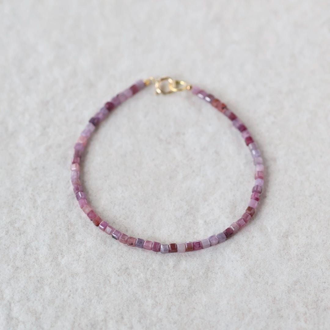 Tiny Ruby Bracelet Dainty Beaded Bracelet Pink Crystal Jewelry Minimalist July Birthstone Birthday Gift for Women Bridesmaid Gift Idea