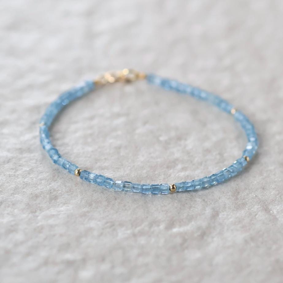 Tiny Aquamarine Bracelet Dainty Santa Maria Gemstone Beaded Bracelet Blue Crystal Jewelry Minimalist March Birthstone Birthday Gift Mom Wife