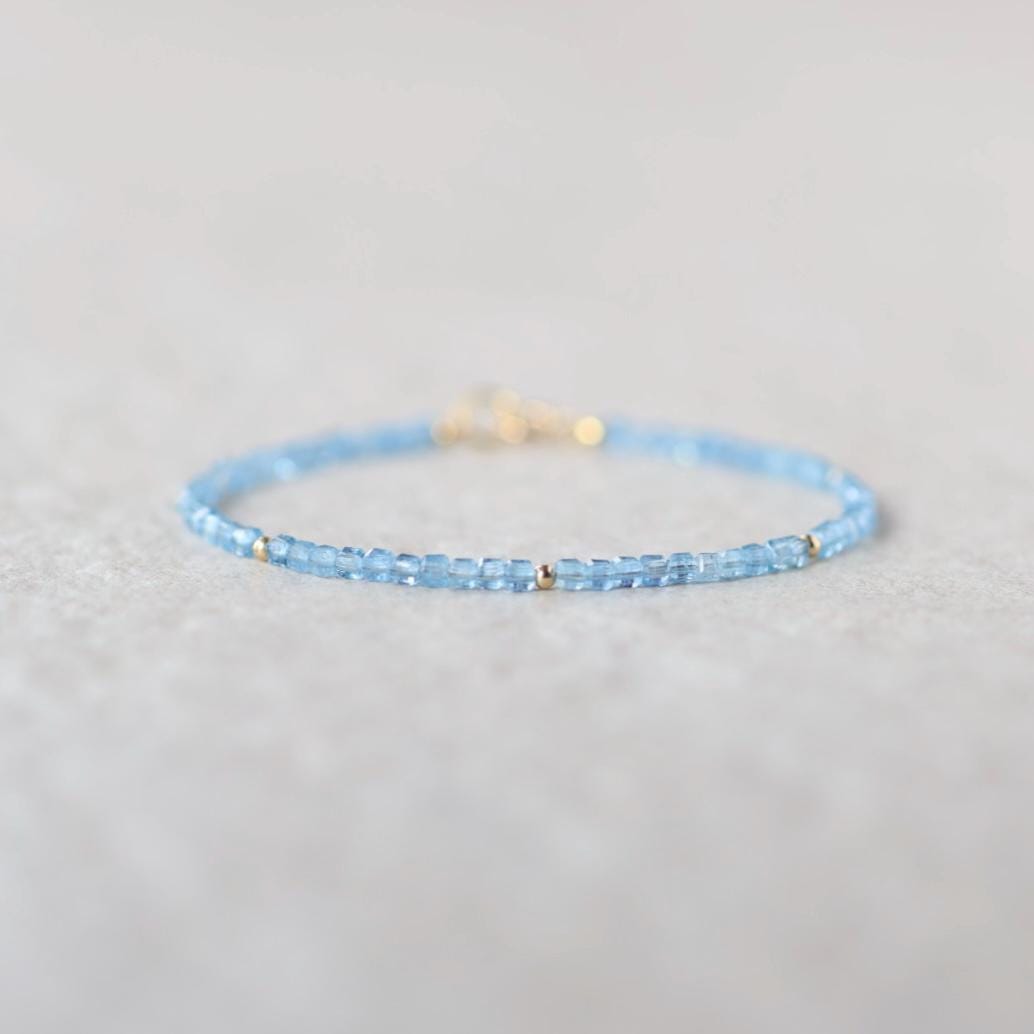 Tiny Aquamarine Bracelet Dainty Santa Maria Gemstone Beaded Bracelet Blue Crystal Jewelry Minimalist March Birthstone Birthday Gift Mom Wife