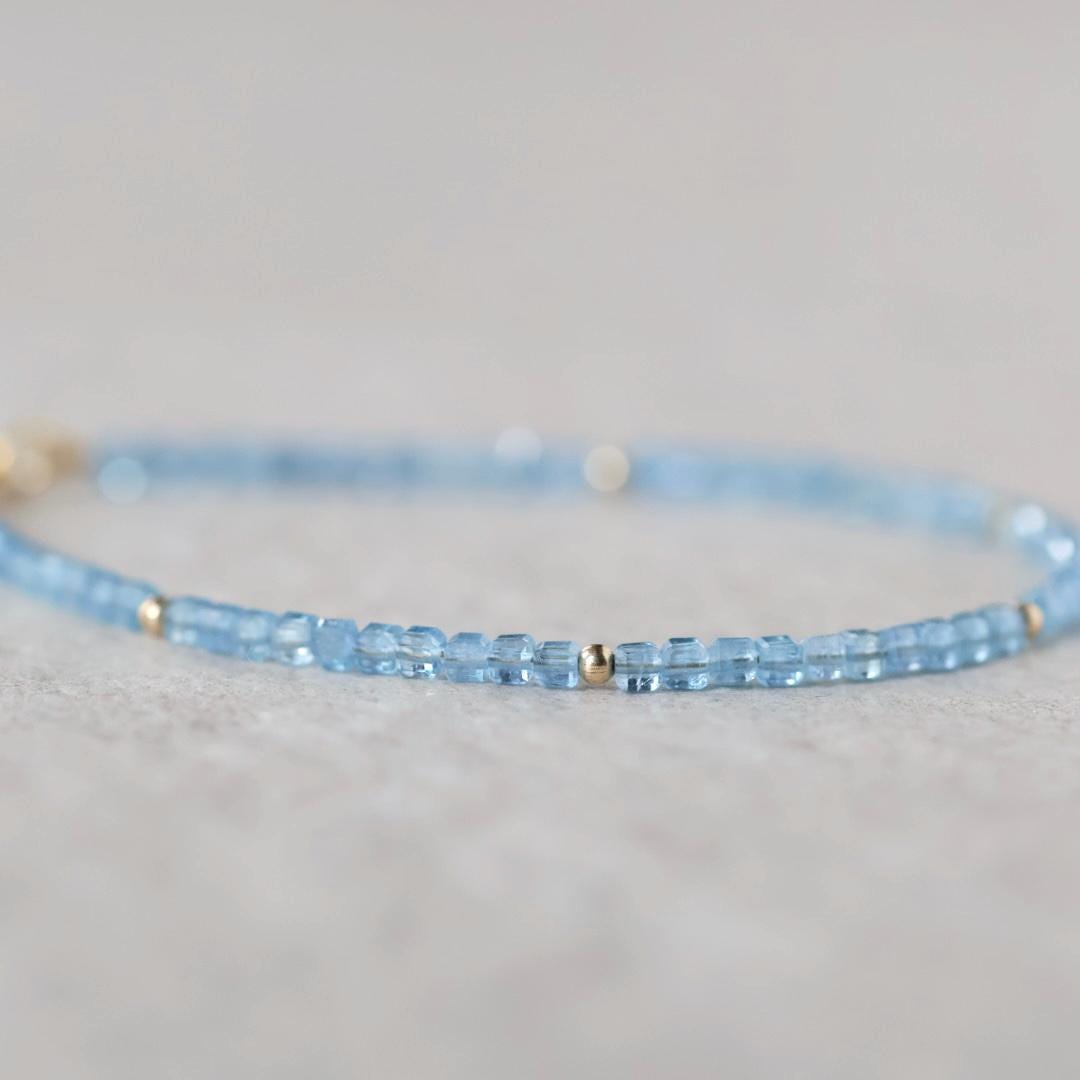 Tiny Aquamarine Bracelet Dainty Santa Maria Gemstone Beaded Bracelet Blue Crystal Jewelry Minimalist March Birthstone Birthday Gift Mom Wife