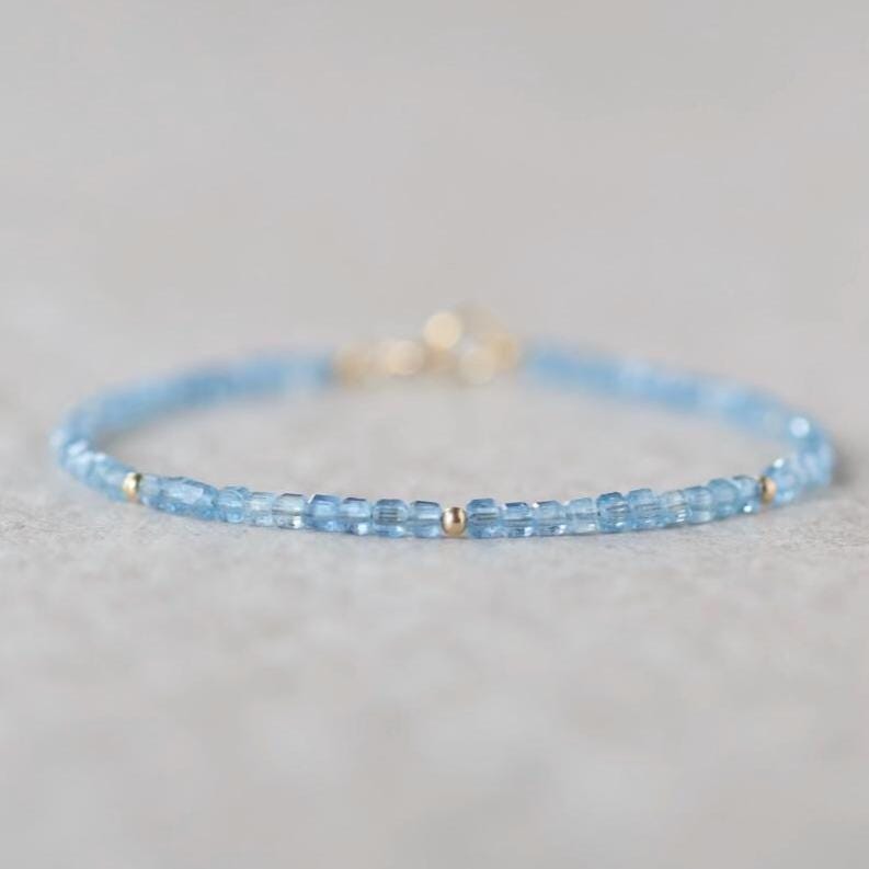 Tiny Aquamarine Bracelet Dainty Santa Maria Gemstone Beaded Bracelet Blue Crystal Jewelry Minimalist March Birthstone Birthday Gift Mom Wife