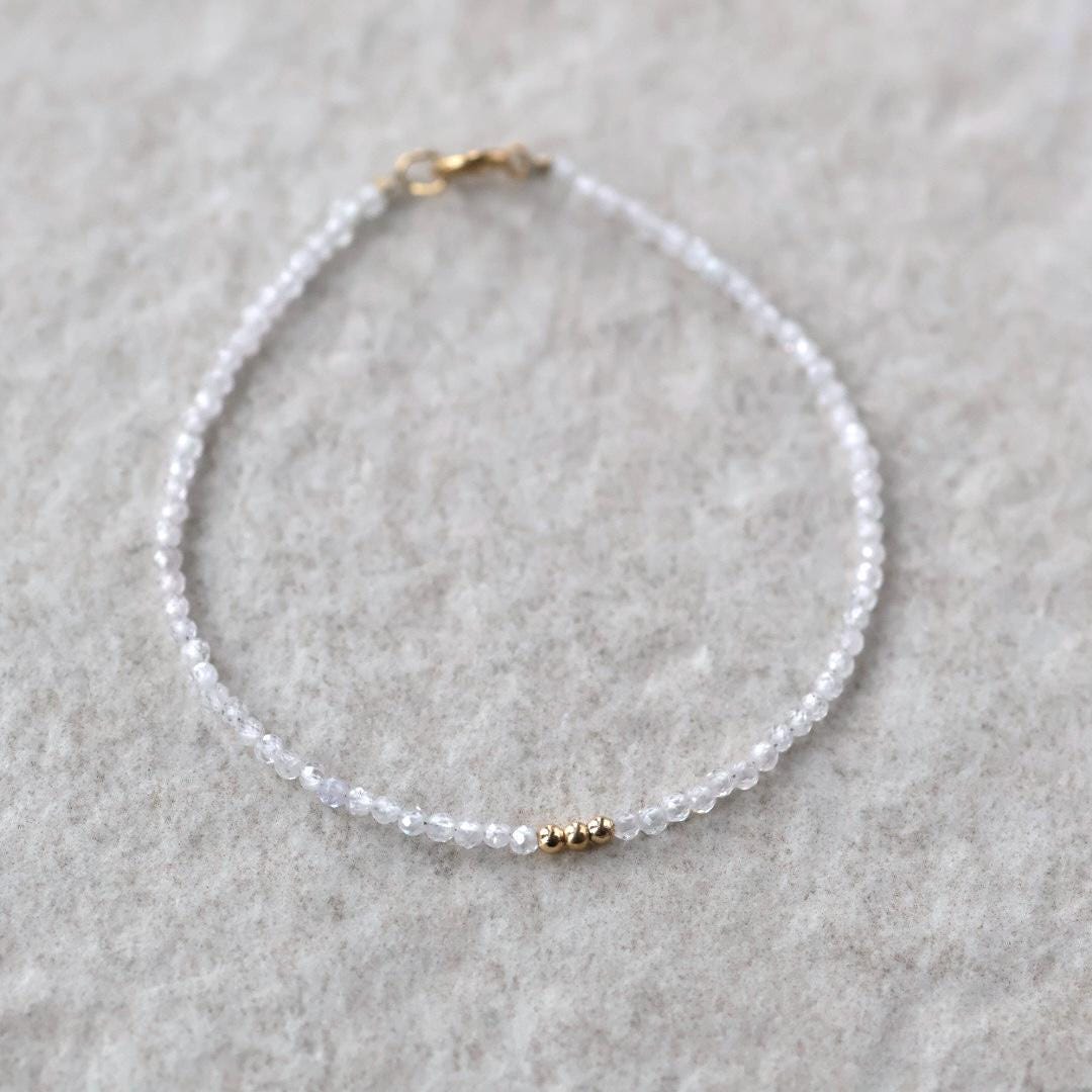 Tiny Diamond Bracelet White Zircon Dainty Gemstone Beaded Bracelet Sparkly Crystal Minimalist April Birthstone Birthday Gift for Women