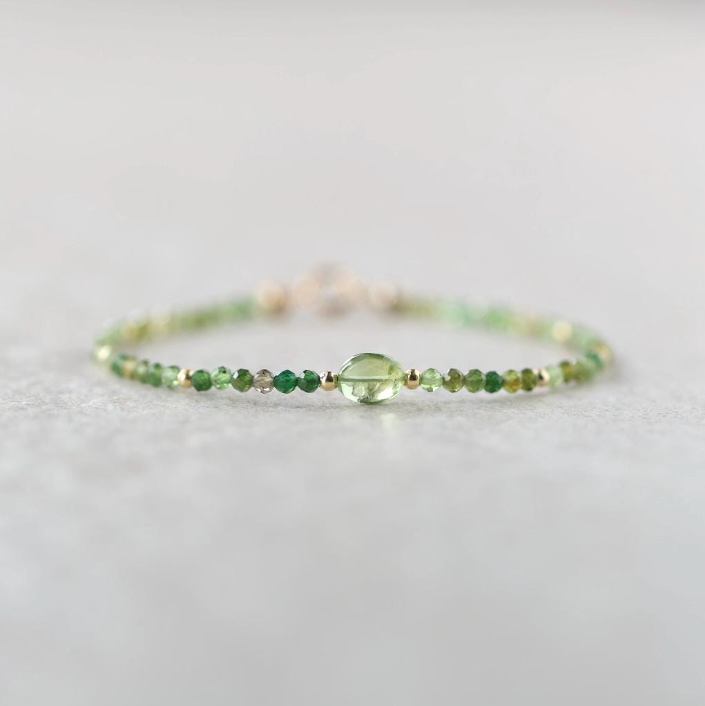 Tiny Green Tourmaline Bracelet Dainty Gemstone Beaded Bracelet Green Crystal Jewelry Minimalist Stacking October Birthstone Gift for Women