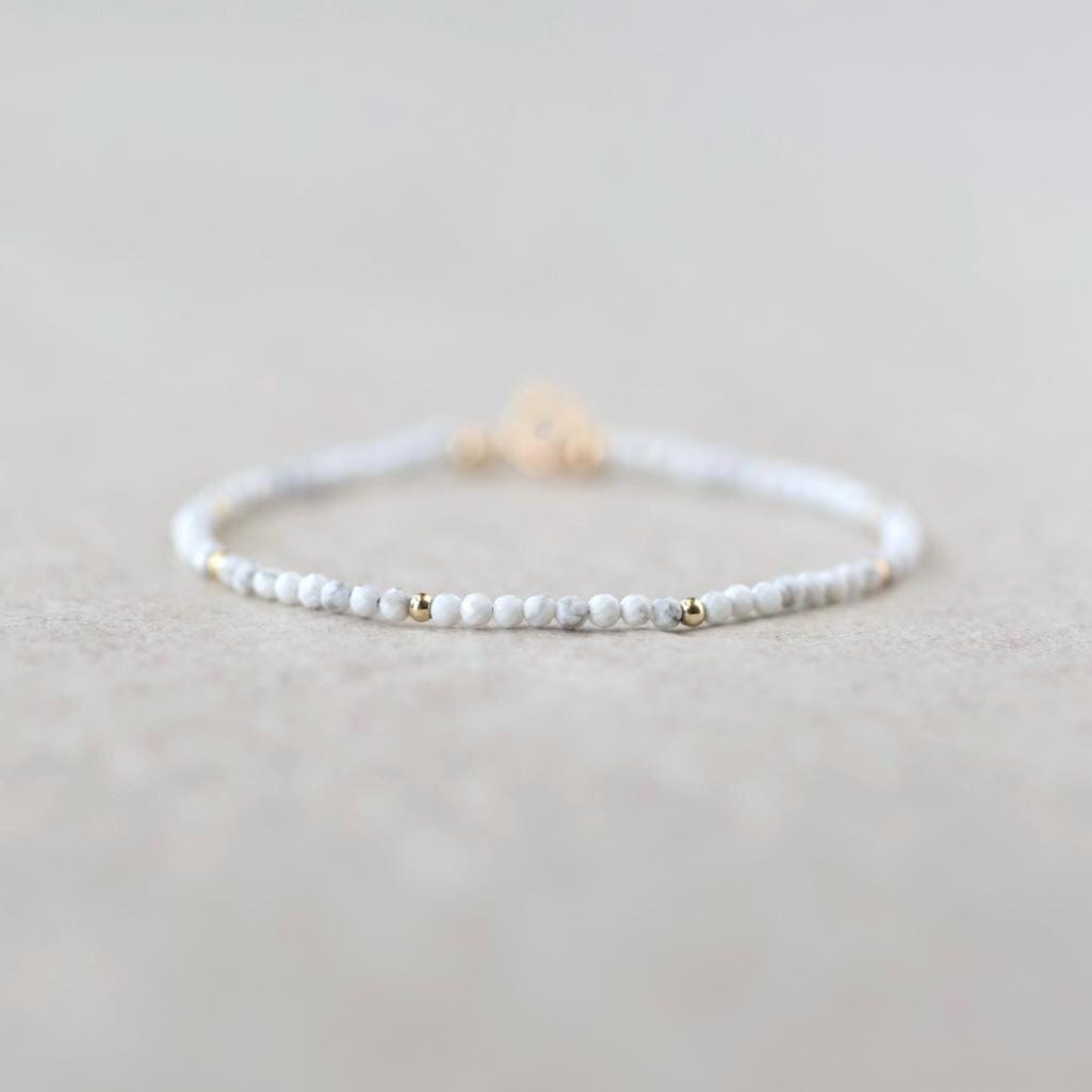Tiny Howlite Bracelet Dainty White Turquoise Jewelry Minimalist Gemstone Beaded Bracelet Crystal Birthday Gift for Women Mom Wife
