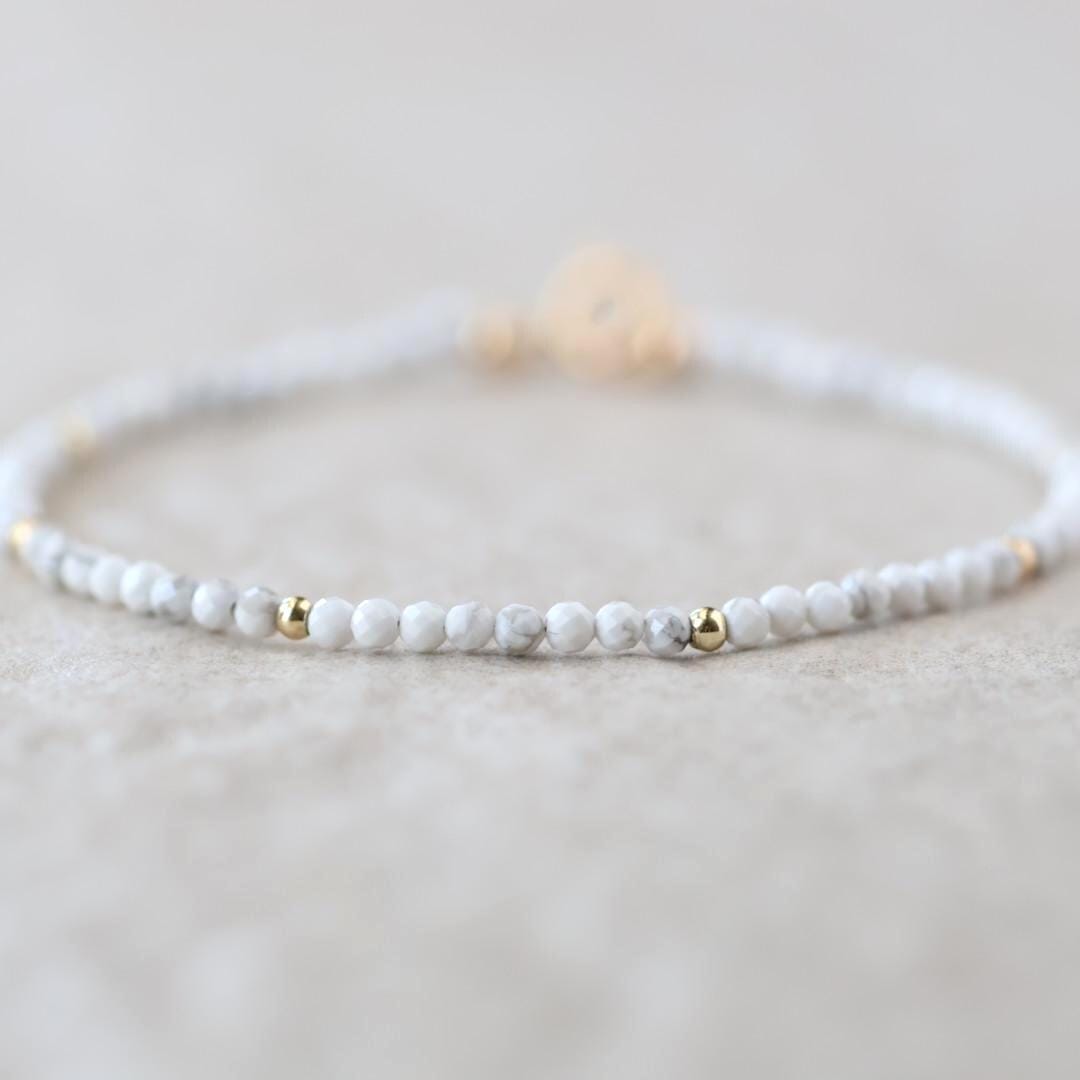 Tiny Howlite Bracelet Dainty White Turquoise Jewelry Minimalist Gemstone Beaded Bracelet Crystal Birthday Gift for Women Mom Wife