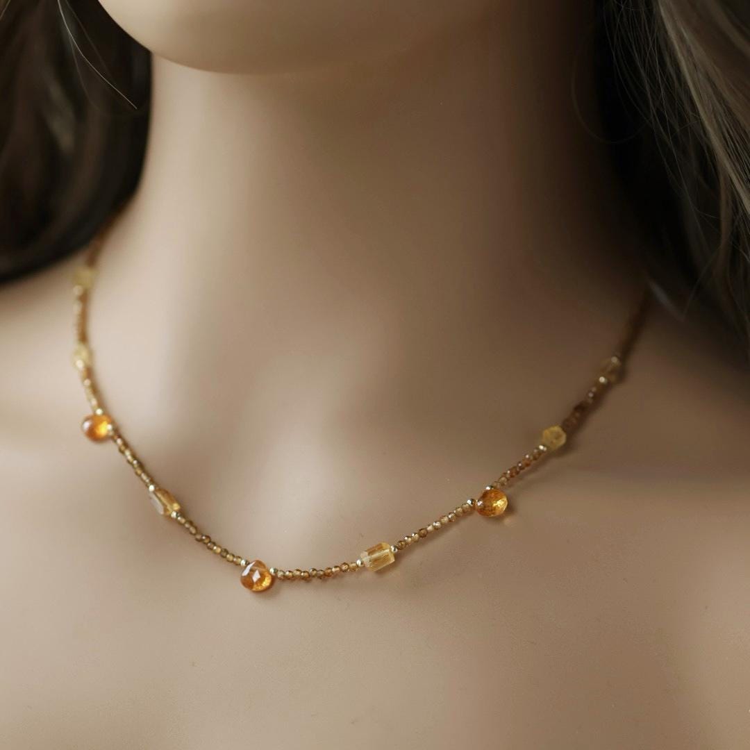 Dainty Imperial Topaz Necklace Beaded Choker Yellow Layering Gemstone Crystal Minimalist Jewelry Birthday Gift For Women November Birthstone