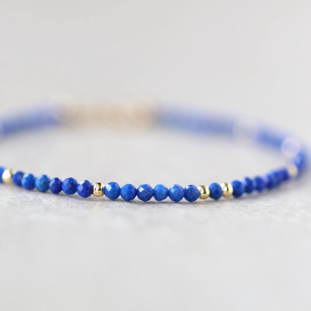 Tiny Lapis Lazuli Bracelet Dainty Gemstone Beaded Bracelet Stacking Minimalist Blue Crystal Bracelet Healing Jewelry Birthday Gift Daughter