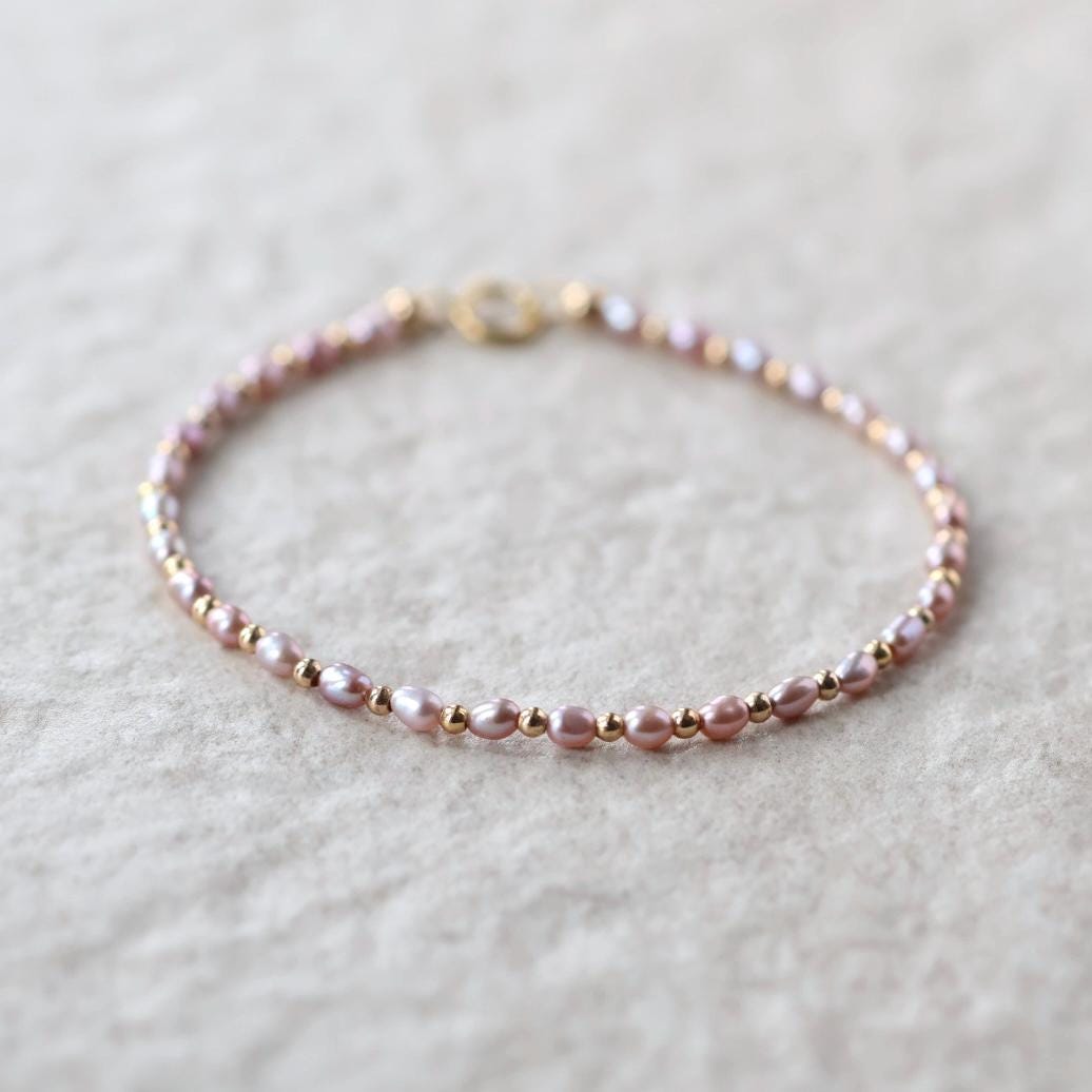 Tiny Pearl Bracelet Dainty Natural Pink Pearl Jewelry Minimalist June Birthstone Birthday Gift Bride Mom Mothers Day Bridesmaid Girlfriend