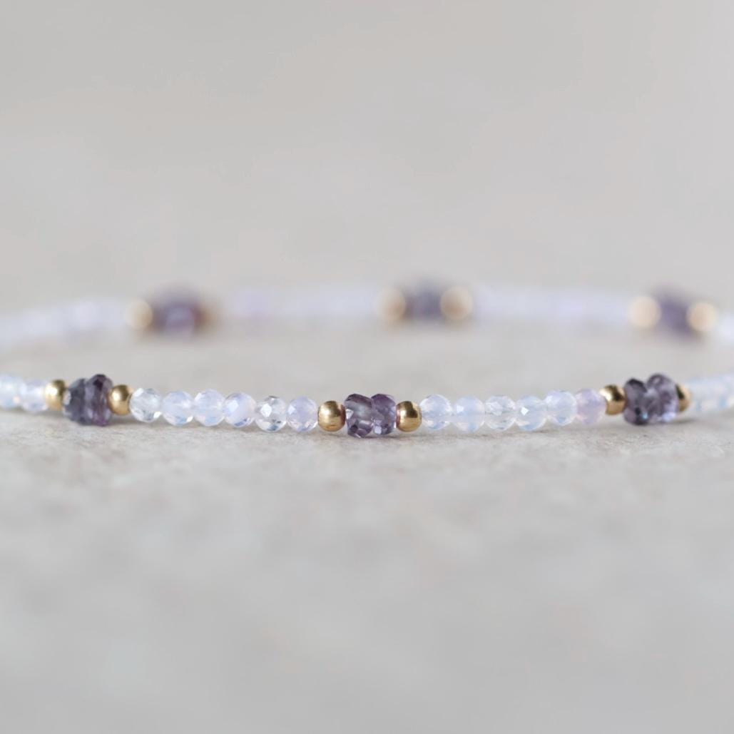 Tiny Alexandrite Bracelet Dainty Purple Opal Gemstone Beaded Jewelry Minimalist Stacking Bracelet Skinny June Birthstone Gift Bridesmaid Mom