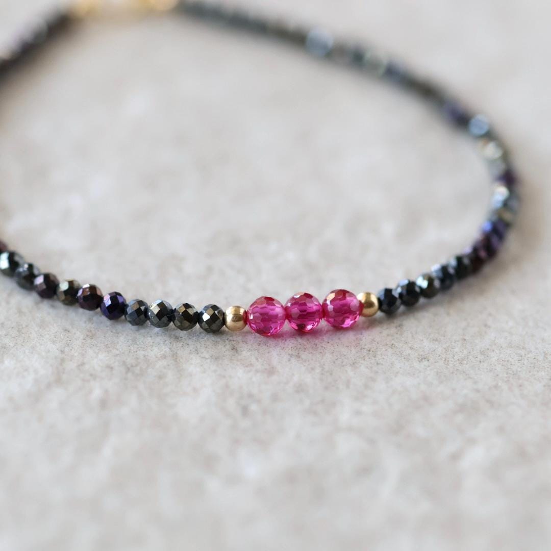Tiny Ruby Bracelet Black Spinel Dainty Gold Filled Bead Bracelet Minimalist July Birthstone Bracelet Stacking Birthday Gift 40th Anniversary