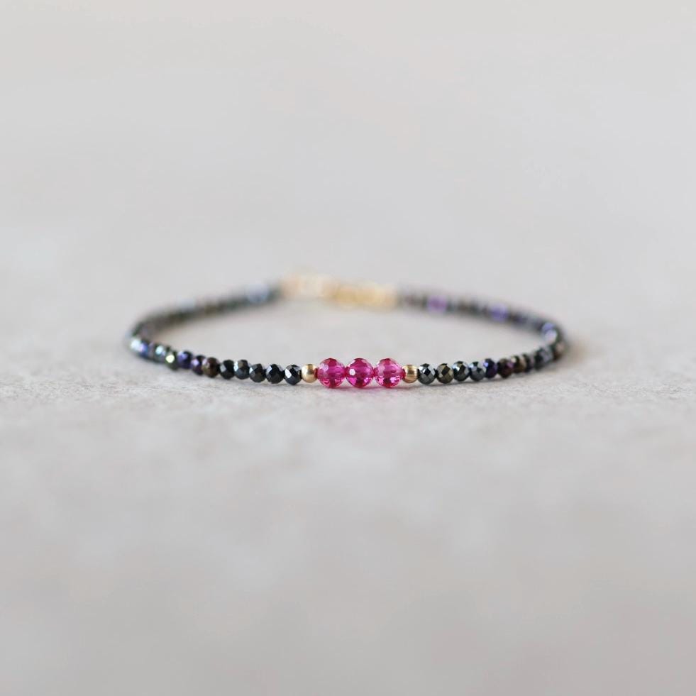 Tiny Ruby Bracelet Black Spinel Dainty Gold Filled Bead Bracelet Minimalist July Birthstone Bracelet Stacking Birthday Gift 40th Anniversary