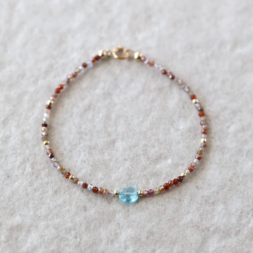 Tiny Zircon Bracelet Dainty Diamond Blue Zircon Gemstone Beaded Bracelet Sparkly Crystal December Birthstone Birthday Gift for Daughter Wife