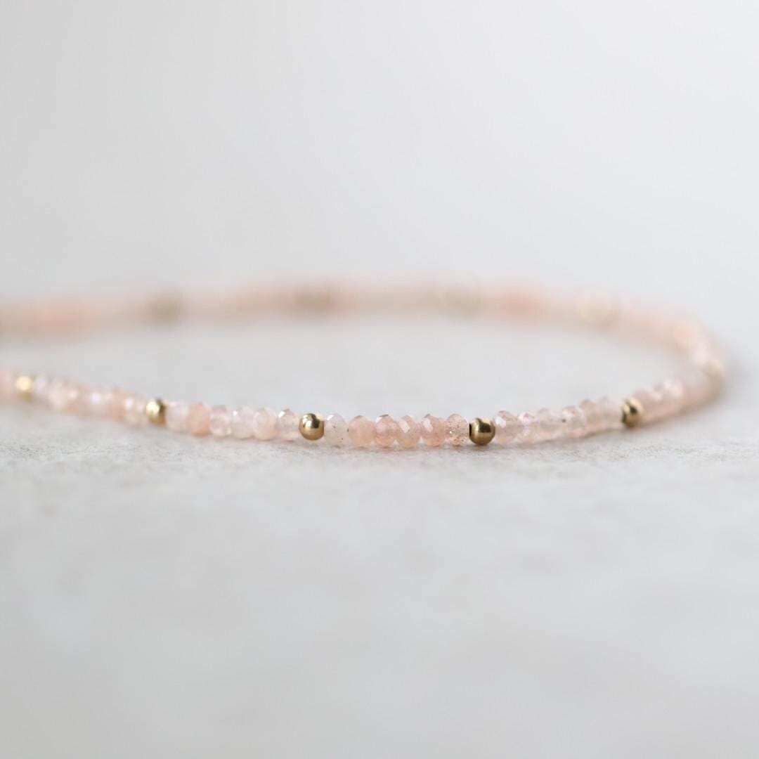 Tiny Peach Moonstone Bracelet Dainty Gemstone Beaded Jewelry Minimalist June Birthstone Birthday Gift for Women Mom Wife Friend Daughter