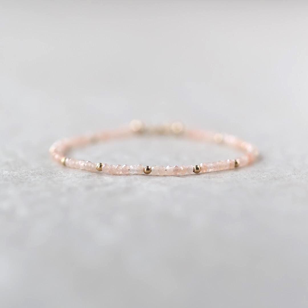 Tiny Peach Moonstone Bracelet Dainty Gemstone Beaded Jewelry Minimalist June Birthstone Birthday Gift for Women Mom Wife Friend Daughter