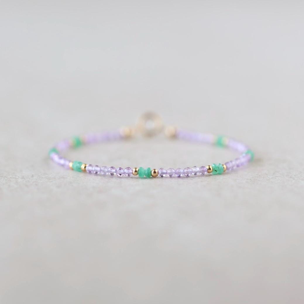 Tiny Amethyst Bracelet Dainty Colombian Emerald Gold Filled Beaded Bracelet Crystal Jewelry February Birthstone Birthday Gift Mom Wife