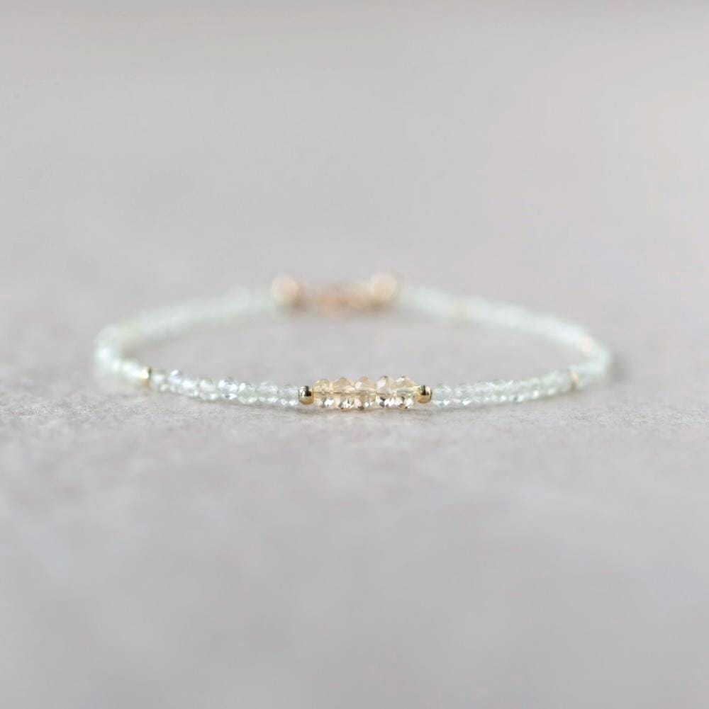 Tiny Prehnite Bracelet Dainty Citrine Gemstone Beaded Bracelet Pale Green Crystal Jewelry Minimalist Stacking Birthday Gift for Women Wife