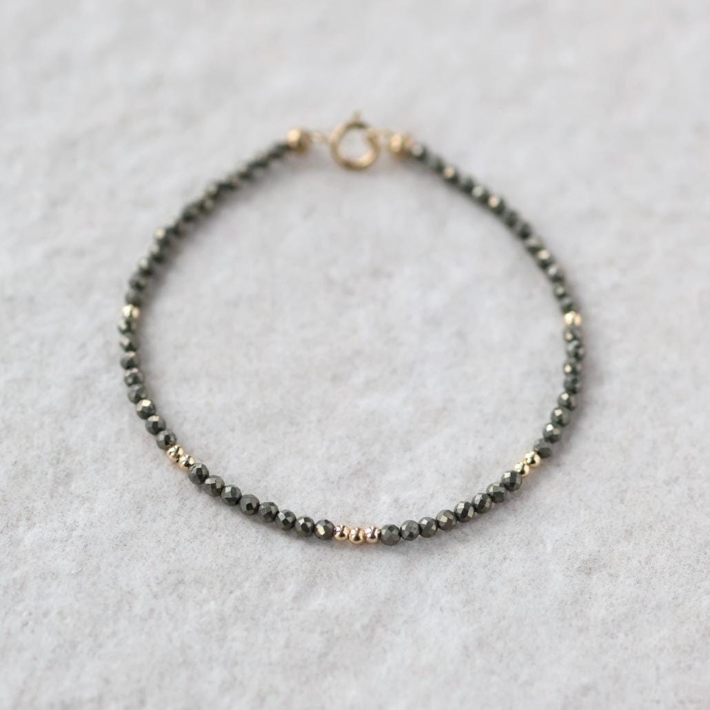 Tiny Pyrite Bracelet Dainty Sparkly Gemstone Beaded Bracelet Minimalist Jewelry Crystal Protection Bracelet Birthday Gift for Women Wife Mom