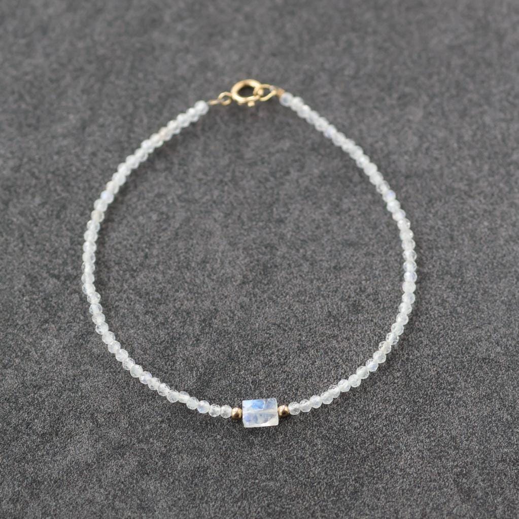 Tiny Moonstone Bracelet Dainty Gemstone Beaded Jewelry Trendy Stacking Bracelet Minimalist June Birthstone Gift Birthday Mom Wife Sister