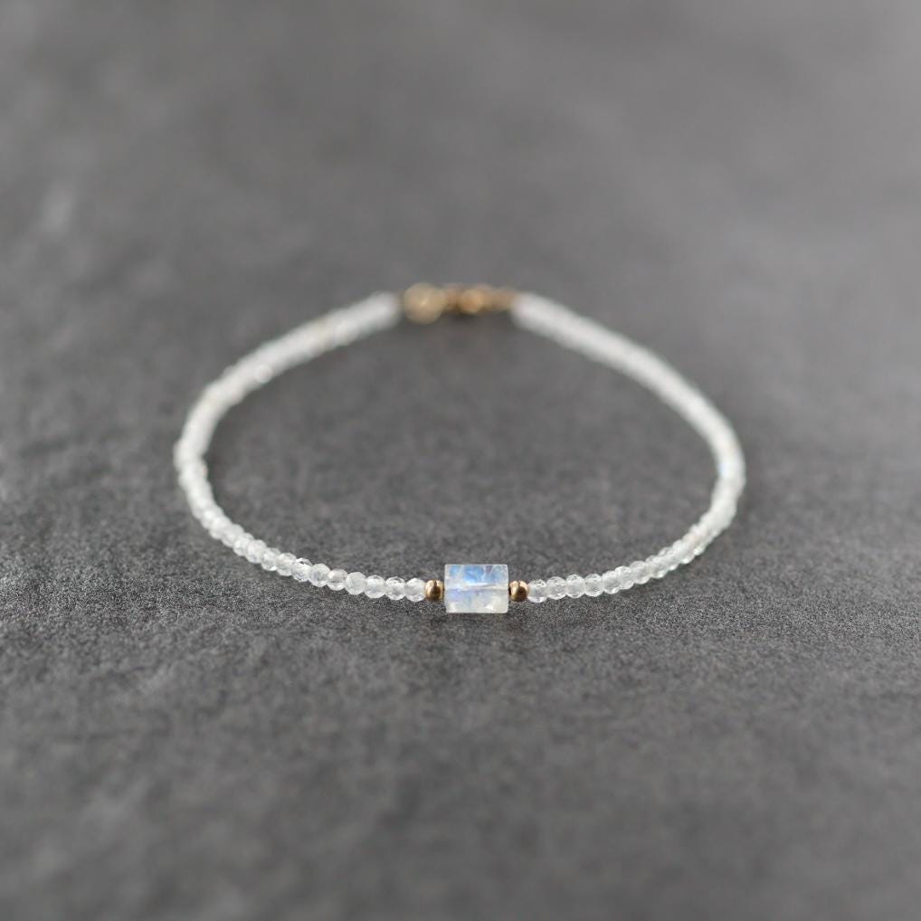 Tiny Moonstone Bracelet Dainty Gemstone Beaded Jewelry Trendy Stacking Bracelet Minimalist June Birthstone Gift Birthday Mom Wife Sister