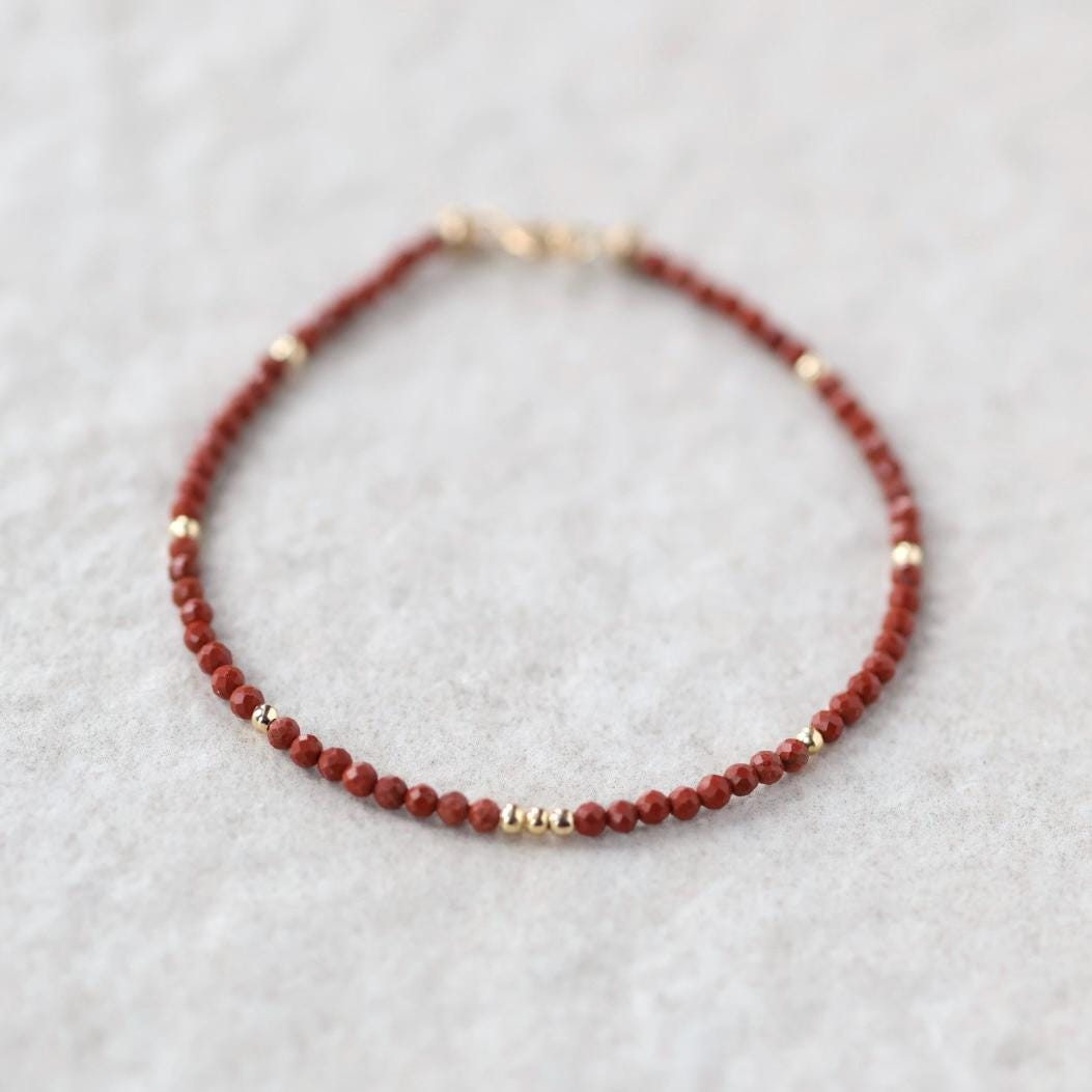 Tiny Red Jasper Bracelet Dainty Gemstone Beaded Bracelet Red Crystal Jewelry Minimalist Protection Aries Gift Jewelry for Women Mom Wife