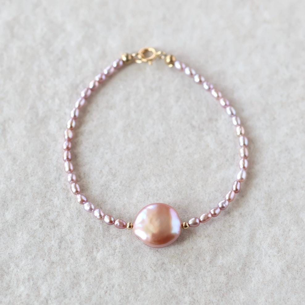 Natural Pink Pearl Bracelet Dainty Rice Shape Small Pearl Beads Minimalist Bridal Jewelry June Birthstone Birthday Gift 30th Anniversary