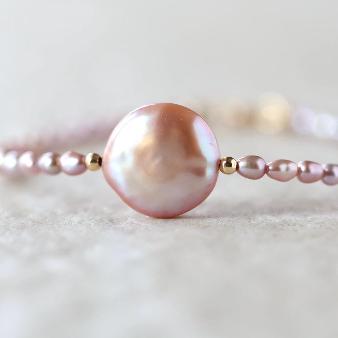 Natural Pink Pearl Bracelet Dainty Rice Shape Small Pearl Beads Minimalist Bridal Jewelry June Birthstone Birthday Gift 30th Anniversary