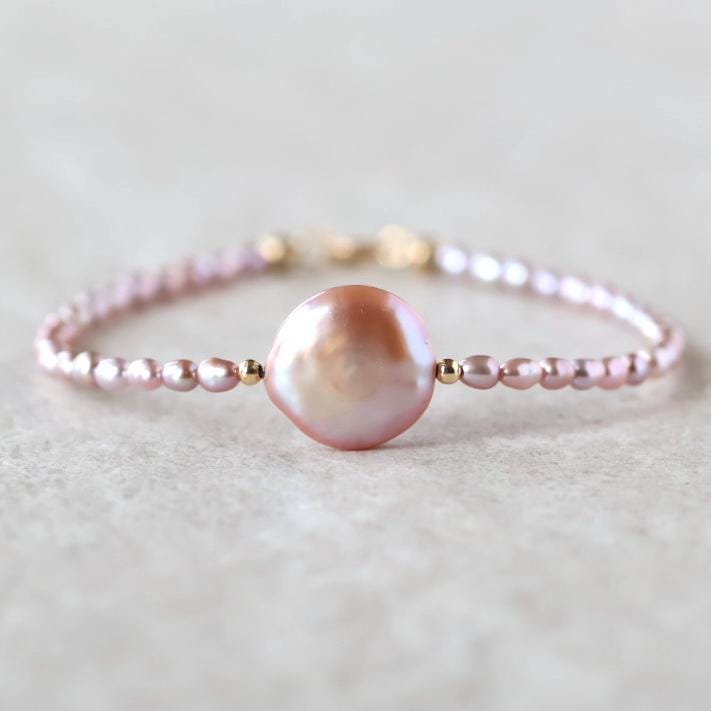 Natural Pink Pearl Bracelet Dainty Rice Shape Small Pearl Beads Minimalist Bridal Jewelry June Birthstone Birthday Gift 30th Anniversary
