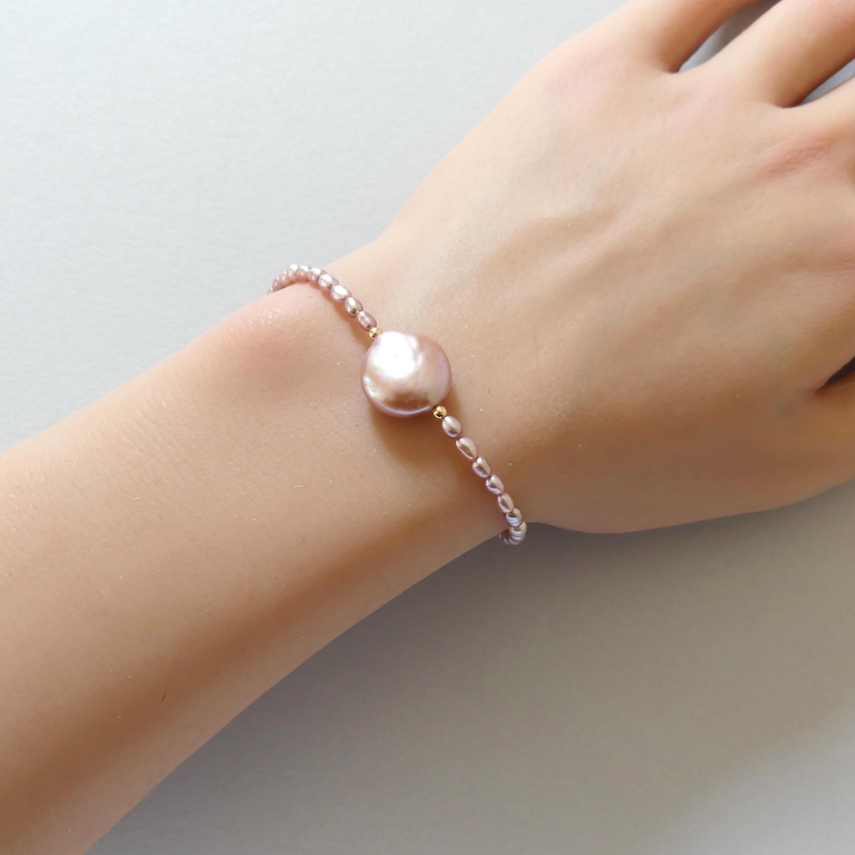 Natural Pink Pearl Bracelet Dainty Rice Shape Small Pearl Beads Minimalist Bridal Jewelry June Birthstone Birthday Gift 30th Anniversary