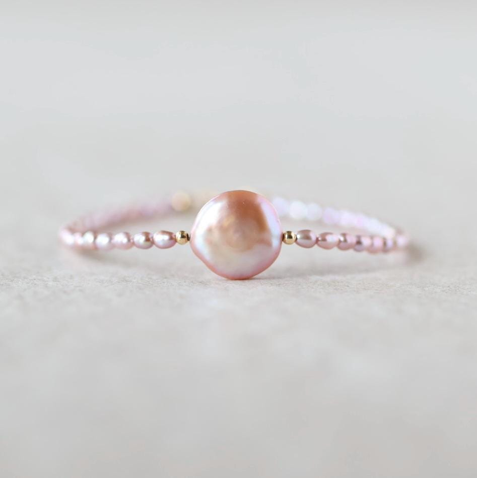 Natural Pink Pearl Bracelet Dainty Rice Shape Small Pearl Beads Minimalist Bridal Jewelry June Birthstone Birthday Gift 30th Anniversary