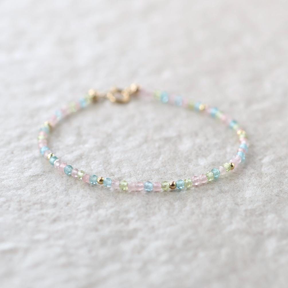 Tiny Pastel Bracelet Dainty Gemstone Beaded Jewelry Minimalist Crystal Bracelet Rose Quartz Apatite Peridot Birthday Gift Niece Daughter