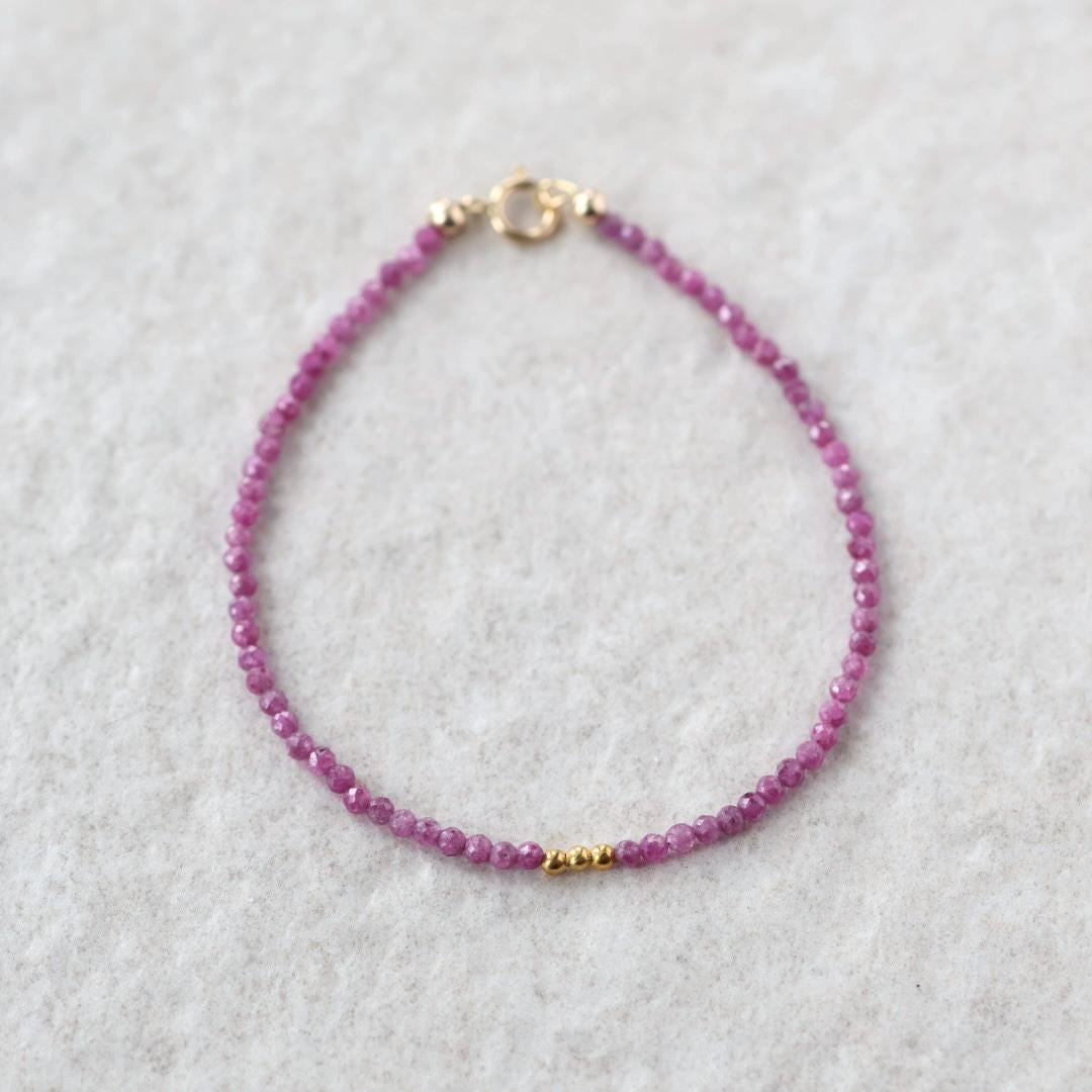 Tiny Ruby Bracelet Dainty Beaded Jewelry Minimalist July Birthstone Crystal Birthday Gift for Women 40th Anniversary Gift for Wife